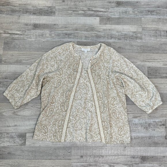 J Jill Pure Jill beige paisley floral 3/4 sleeve top button detail size large Q8 - Picture 1 of 6